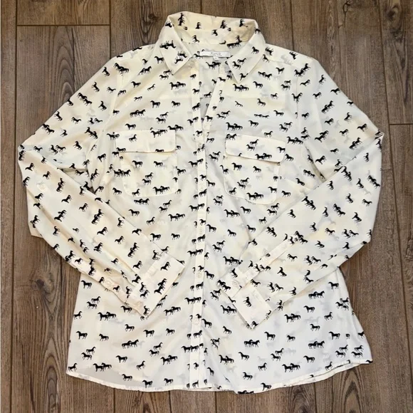 Alfred Sung White Horse Print Button-Up Shirt Size M - Picture 2 of 7